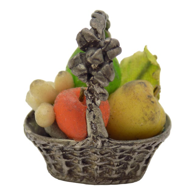 Vintage Italian Handmade Genuine Silver & Salt Dough Fruit Basket Dollhouse Miniature Made in Tuscany 1970s For Sale