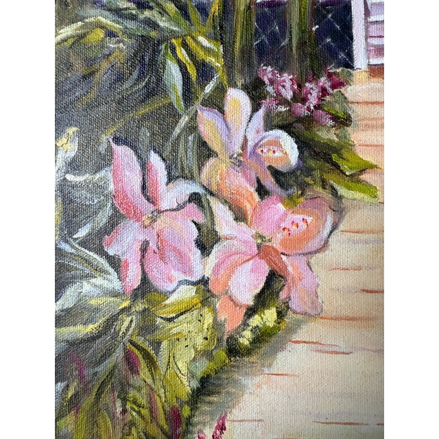 1970s Vintage B. Hurlbert Tropical House Entrance Oil Painting, Framed For Sale - Image 9 of 11