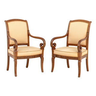 Louis Philippe Walnut Upholstered Fauteuils, Pair For Sale