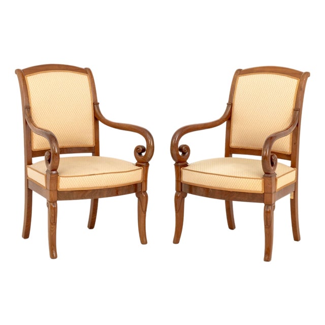 Louis Philippe Walnut Upholstered Fauteuils, Pair For Sale
