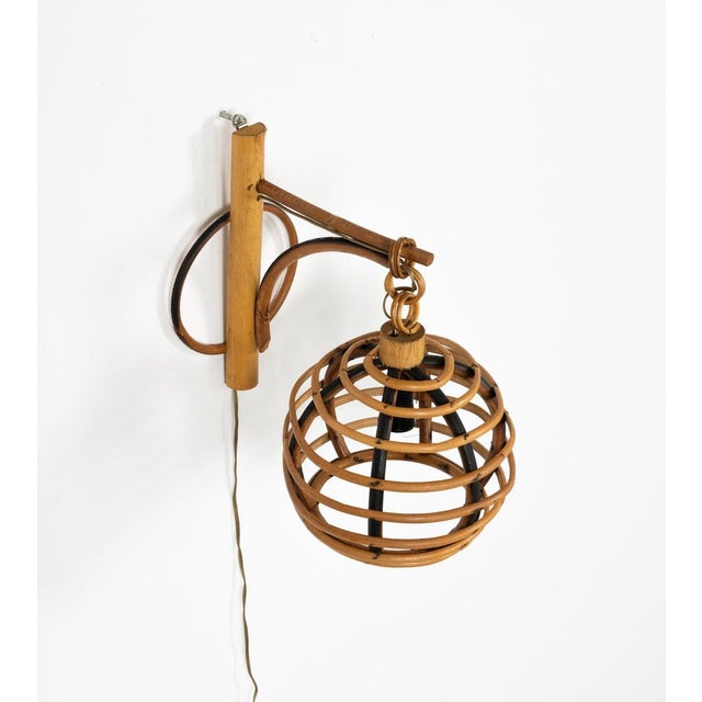 Gold Mid-Century Rattan & Bamboo Sconce Lantern in the style of Louis Sognot, Italy, 1960s For Sale - Image 8 of 12