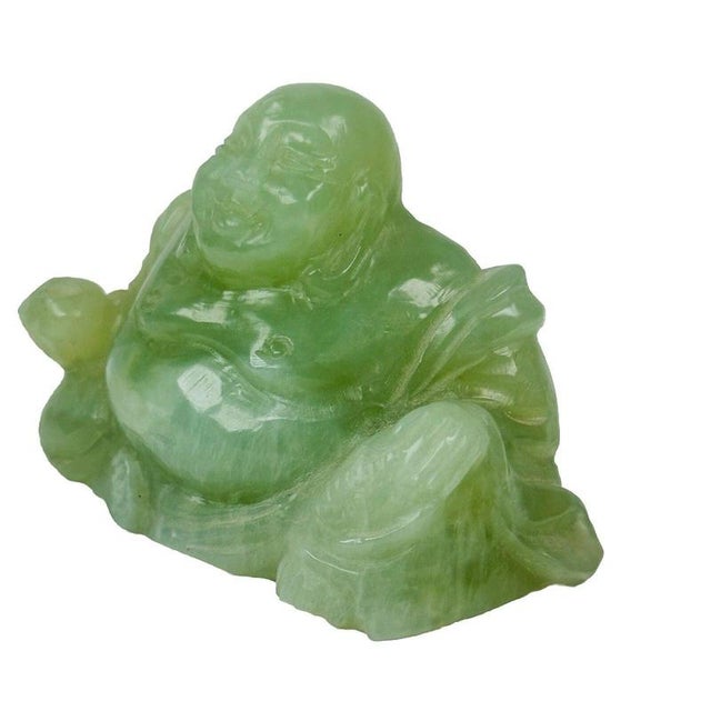 Chinese Carved Green Jade Maitreya Laughing Buddha Figure For Sale - Image 3 of 15