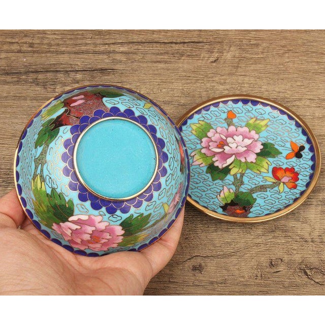 Vintage Cloisonné Enamel Lidded Bowls With Saucers – Floral & Bird Motif - Set of 4 For Sale - Image 9 of 18