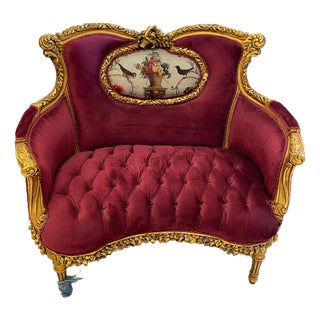 French Rococo Settee – Burgundy Velvet Upholstery With Ornate Gilded Louis XV Frame For Sale