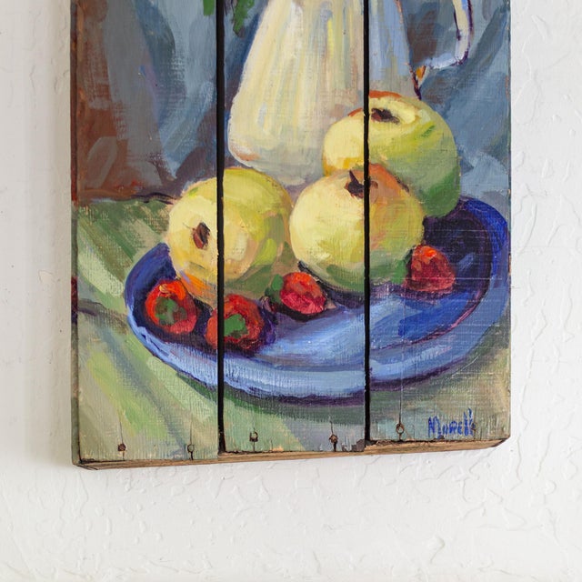 Early 20th Century Still Life Impressionist Kitchen Painting of Fruit and Daisies on Antique Wooden Crate For Sale - Image 5 of 11