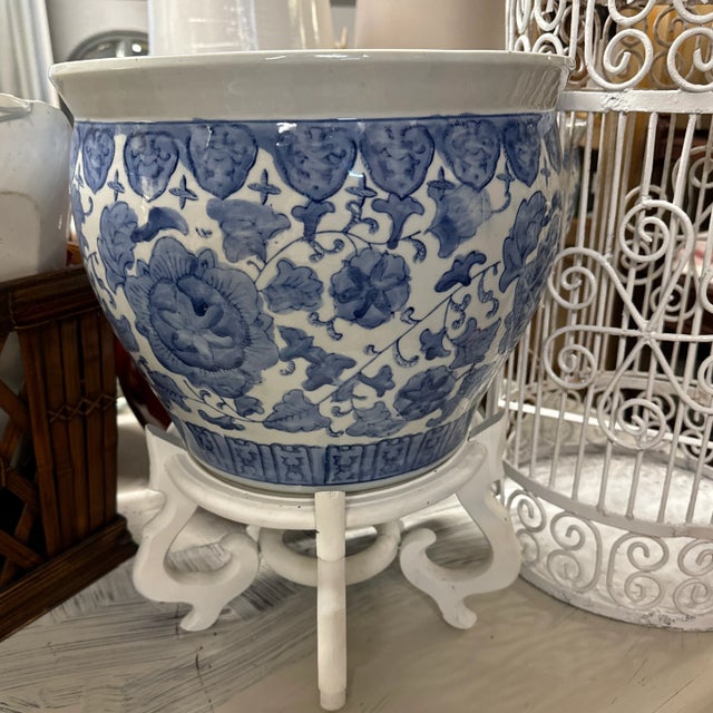 Wood Blue & White Chiboiserie Jardiniere W/Stand For Sale - Image 7 of 7