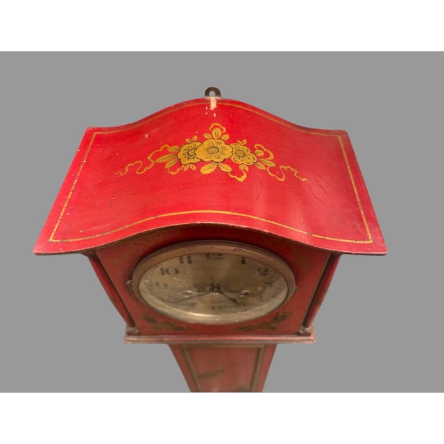Mid 20th Century Antique 1920s English Chinoiserie Grandmother Clock Red Lacquer 50.5” Longcase For Sale - Image 5 of 12