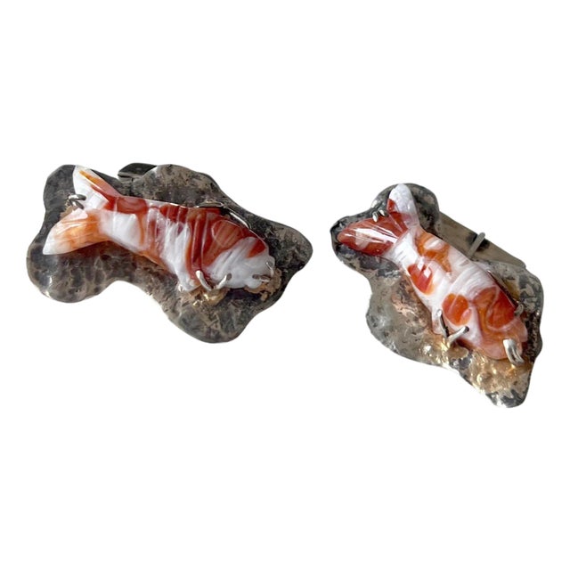 1950s Sterling Silver Vermeil Carved Agate Koi Fish Cufflinks For Sale