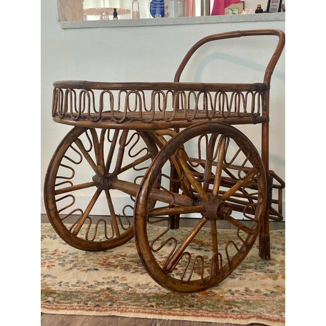 Chinoiserie French Riviera Rattan Bar Cart Audoux & Minet 1950s For Sale - Image 3 of 11