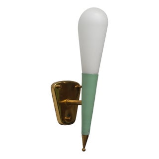 Vintage Italian Brass and Green-Lacquered Steel Wall Sconce with Opaline Glass Shade, 1950s For Sale