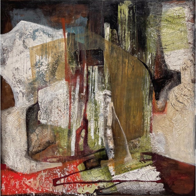 Untitled by Jennifer Bobola | Mixed Media on Canvas abstract cityscape with geometric shapes For Sale