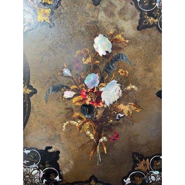Black Antique Victorian Paper Mache Jennens and Bettridge Style With Mother of Pearl Inlaid Tilt Top Table For Sale - Image 8 of 12