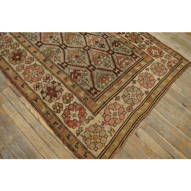 Early 20th Century 1900s Green Asparagus Diamond Antique Caucasian Karabagh Rug 3'6" X 7'2" Handknotted Wool Carpet For Sale - Image 5 of 9