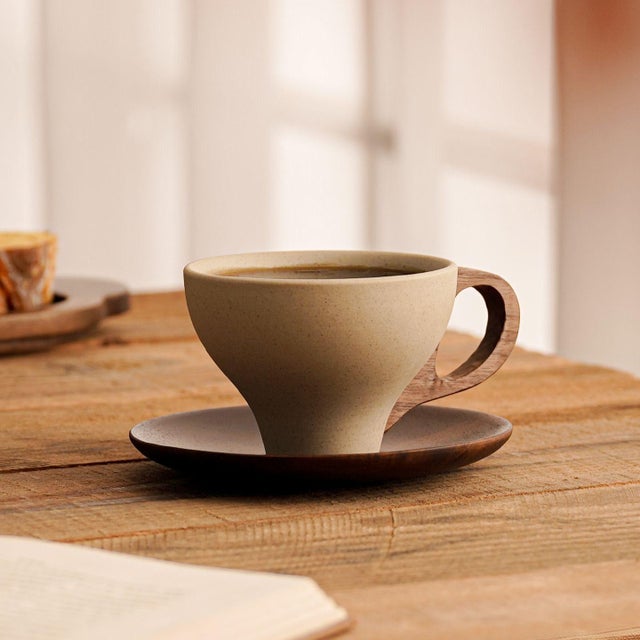 Art Deco Handcrafted Ceramic & Wood Coffee Cup Set With Saucer For Sale - Image 3 of 4