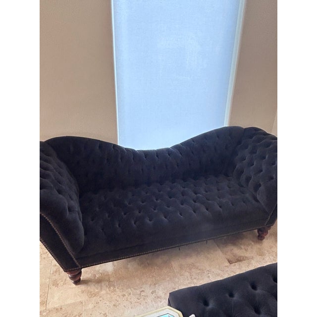 Upholstered Black Tufted Sofa & Ottoman For Sale In Houston - Image 6 of 6