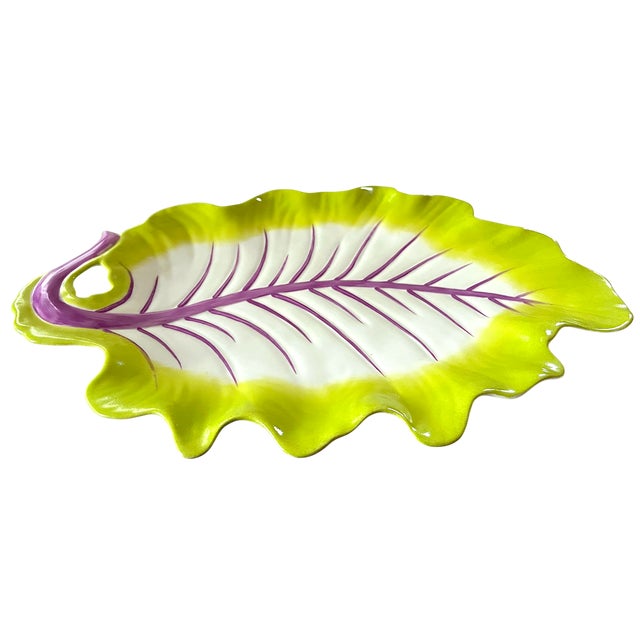 A wonderfully whimsical majolica-style leaf platter by Global Views for the Williamsburg collection, featuring an...