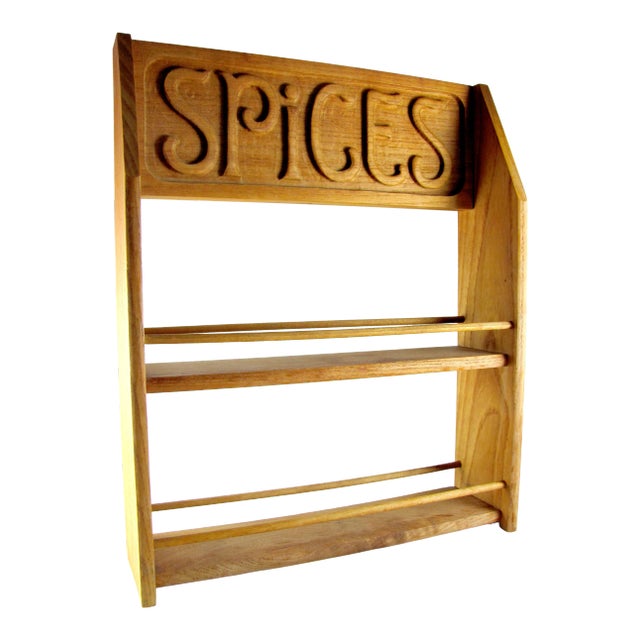 15-3/4" Mid Century Era Industries Evelyn Ackerman Carved Wood Spice Jar Rack For Sale