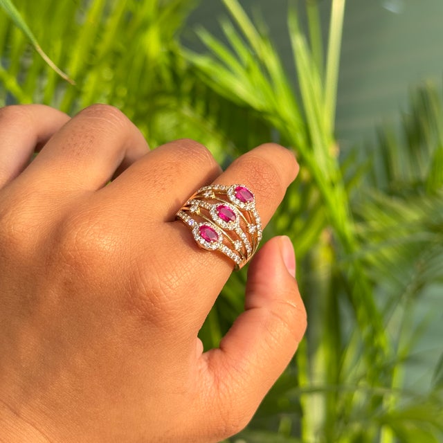 Deco-Style 1.15 Ct Three Stone Ruby Diamond Five Row Wide Band Ring Size 7 For Sale - Image 10 of 16