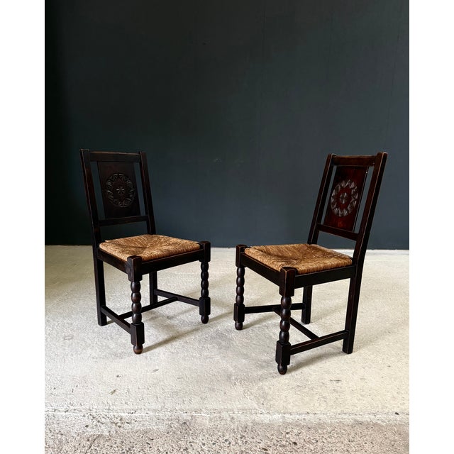 Vintage French Provincial Design Carved Back Dining Chair set of 2 by Charles Dudouyt. Made in France, 1940's period. Oak...