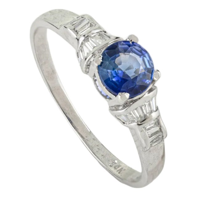 Art Deco-Inspired Round Blue Sapphire & Baguette Diamond Ring Size 7 in 14k White Gold For Sale
