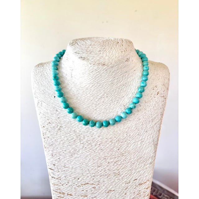 Contemporary Turquoise Stone Beaded Necklace With Gold Tone Clasp. 8mm For Sale - Image 3 of 3