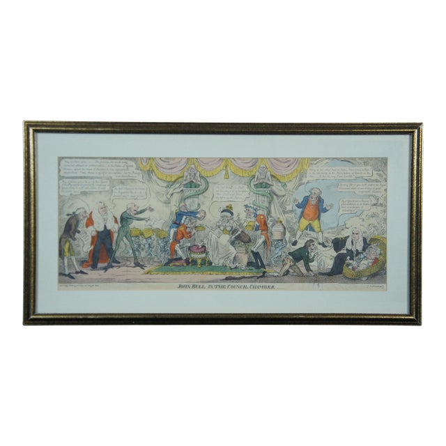 Early 19th Century Antique George Cruikshank John Bull in the Council Chamber Satirical Engraving, Framed For Sale