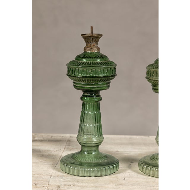 Green Glass Gas Lights with Meander Friezes, a Vintage Near Pair For Sale - Image 9 of 12