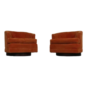 Pair of Mid-Century Modern Selig Barrel Back Swivel Club Chairs on Walnut Base