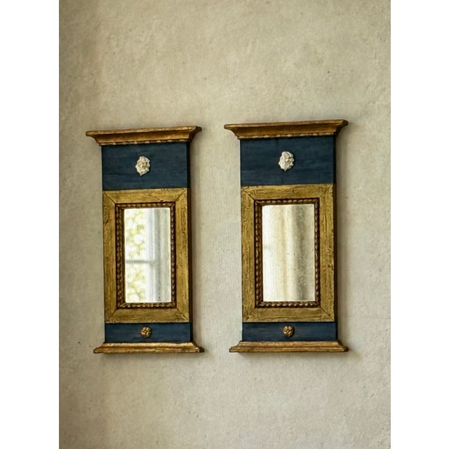Wood Vintage Blue and Gold Gustavian Twin Mirrors, Set of 2 For Sale - Image 7 of 7