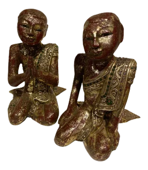 Early 20th Century Burmese Carved Wood Red Gold Leaf Praying Monk Statues - a Pair