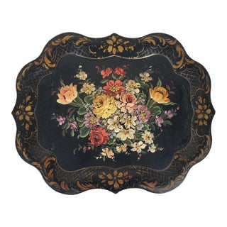 Large Antique Scalloped Floral Botanical Toleware Serving Tray For Sale