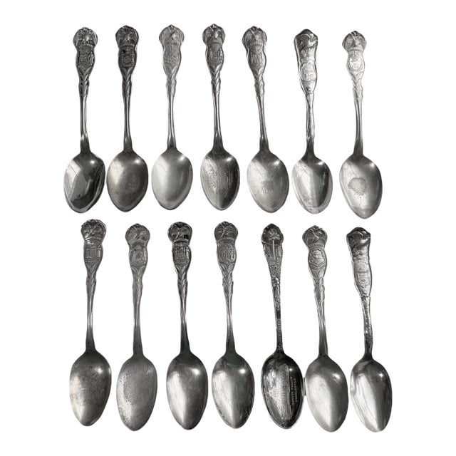 Early 20th Century Silverplate Us State Seal Souvenir Spoons - Set of 14 For Sale