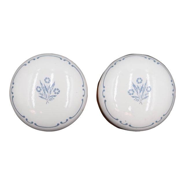 Vintage Blue Floral Porcelain & Brass Dummy Door Knob Set For Sale