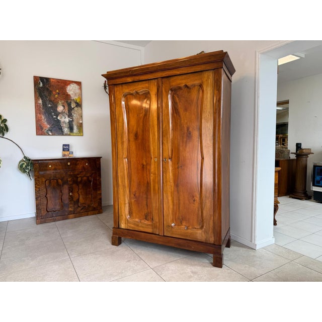 Original Biedermeier Wardrobe in Walnut Veneer with Clothes Rail For Sale - Image 10 of 10