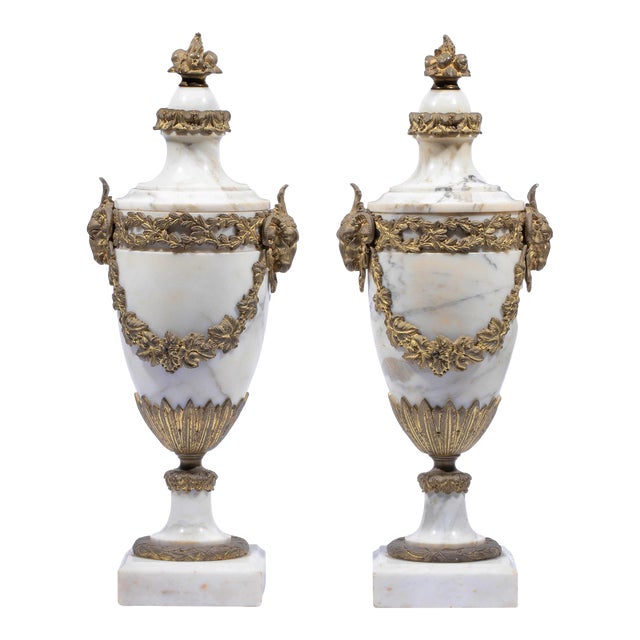 Late 19th Century Pair of French Antique White Marble Ormolu Mounted Cassolettes For Sale