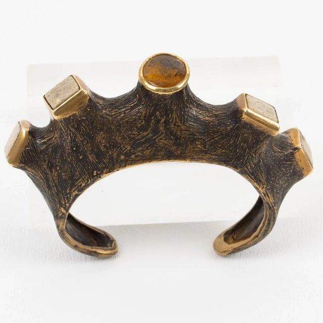 Artist Brutalist Bronze Cuff Bracelet With Travertine and Amber Cabochons For Sale - Image 11 of 12