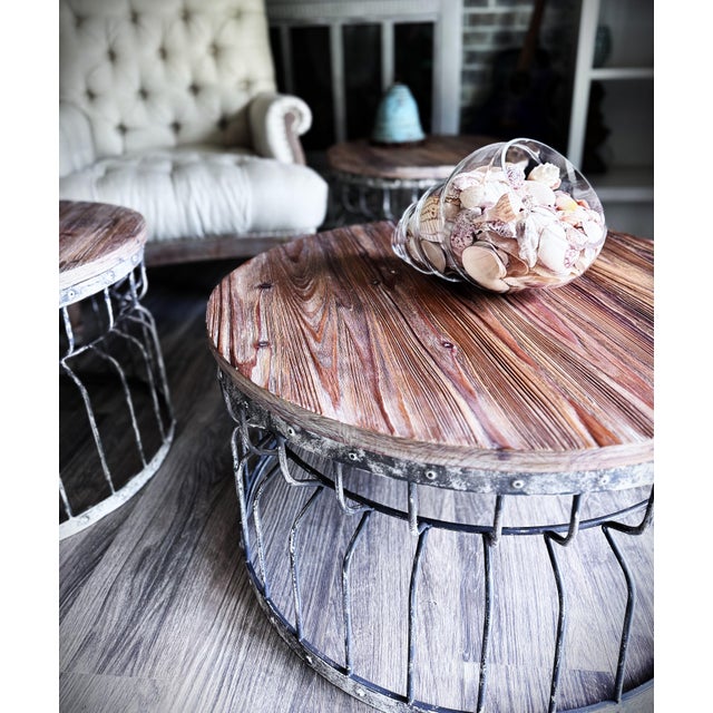 Early 21st Century Transitional Reclaimed Wood & Distressed Wrought Iron Coffee & Side Tables Trio For Sale - Image 5 of 13