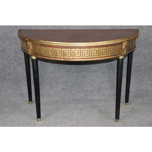 Wood Pair of Rare Bronze Mounted Ebonized Greek Key Similar Demilune Console Tables For Sale - Image 7 of 11