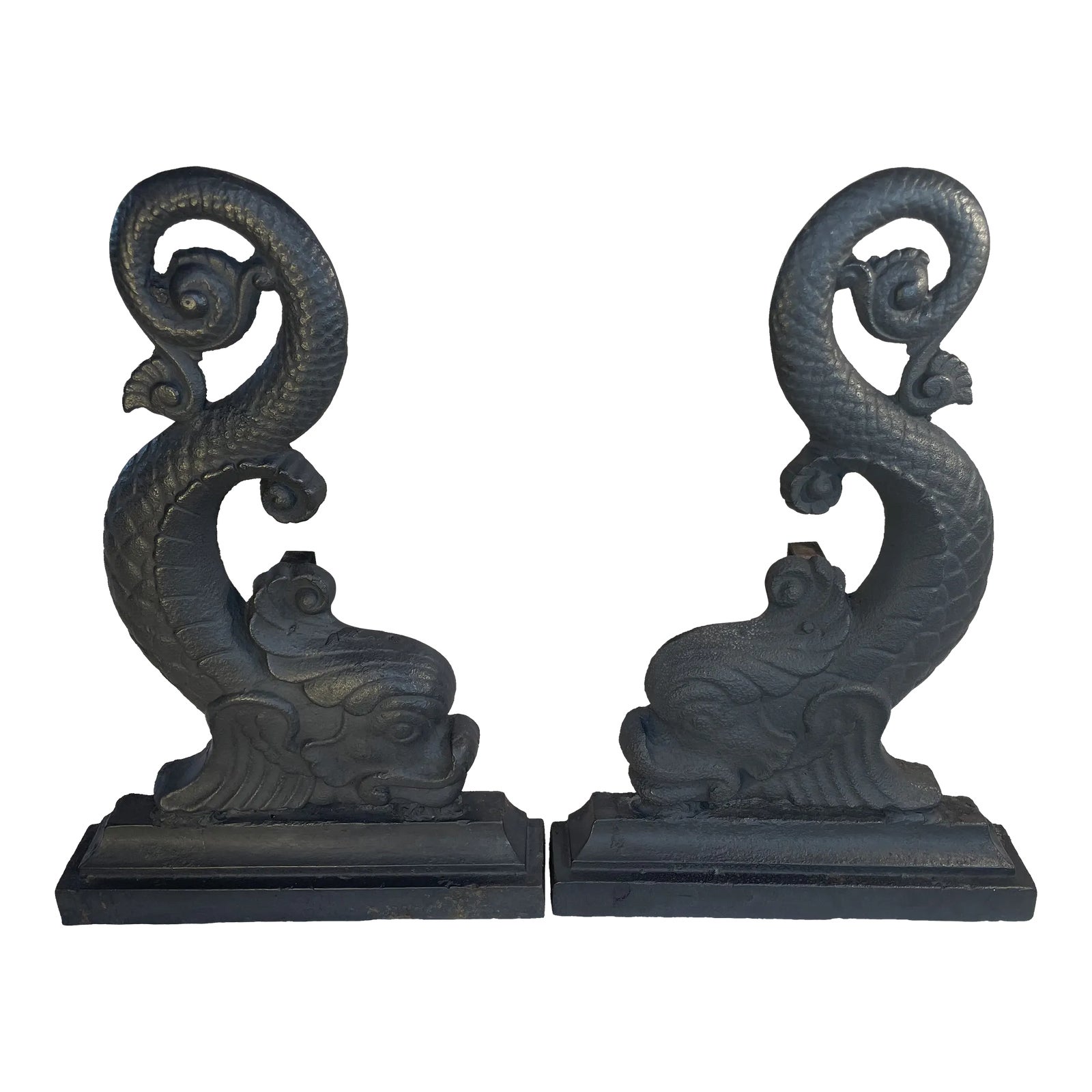 Dolphin Fireplace Andirons, Black Cast Iron, Circa 1900, a Pair Chairish