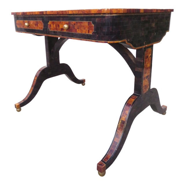 Neoclassical Maitland Smith Faux Tortoise Shell Tessellated Writing Desk For Sale