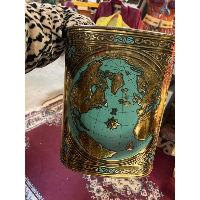 1970s Small Gold World Map Wastebasket With Teal Accents For Sale - Image 4 of 9