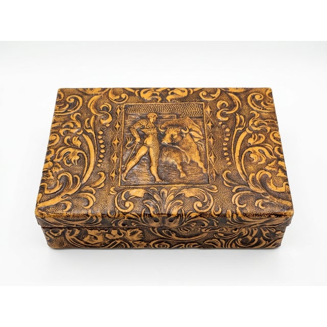 Mid-Century Modern ​vintage Spanish Tooled Leather Cigar Box with Bullfighting Scene, 1960s For Sale - Image 3 of 3