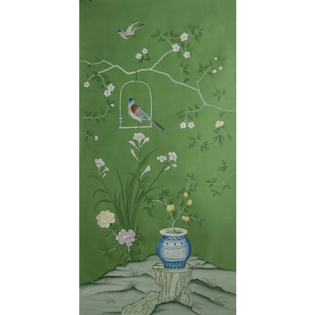 Chinoiserie Green Chinoiserie Silk Wallpaper | Hand-Painted Birds, Flowers Mural For Sale - Image 3 of 3