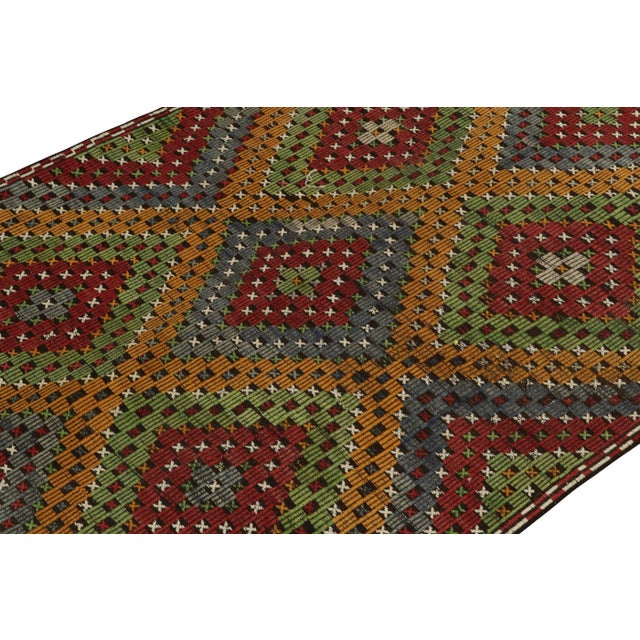 1950s Vintage Cecim Kilim in Green, Gold, Red and Blue Tribal Geometric Pattern For Sale - Image 5 of 7