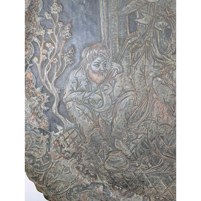 19th Century Indo-Persian Qajar Engraved Copper Musical Wall Charger For Sale - Image 3 of 12