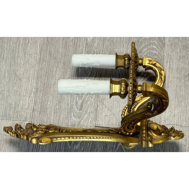Pair of Louis XVI Style Neoclassical Two-Light Gilt Bronze Wall Sconces, C. 1900 For Sale - Image 10 of 11
