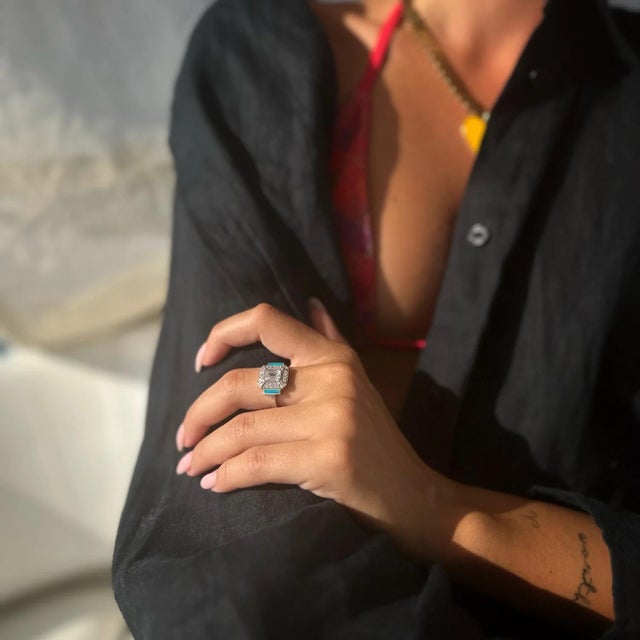 Sterling Silver Pave Diamond & Turquoise Enamel Ring, Size 5 For Sale - Image 4 of 10