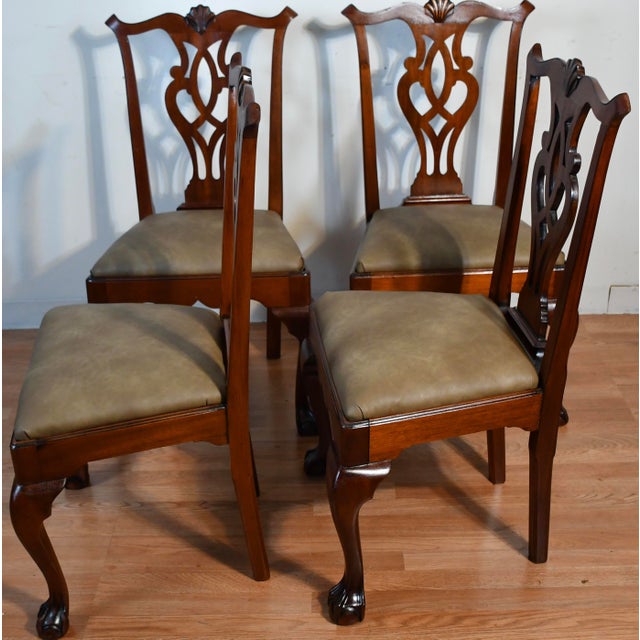 1920 Antique English Chippendale Solid Mahogany Set of Six Dining Chairs Leather Seats For Sale - Image 12 of 17