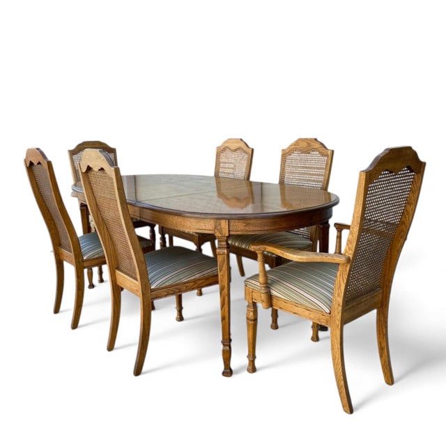 Late 20th Century Oak and Cane Dining Set With Oval Extending Table and Six Chairs For Sale - Image 11 of 13