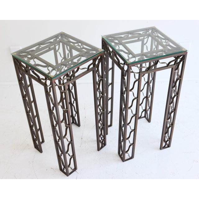 Gray Pair of Pedestal Tables With Metalwork Frames and Glass Tops, Indoor/Outdoor For Sale - Image 8 of 15